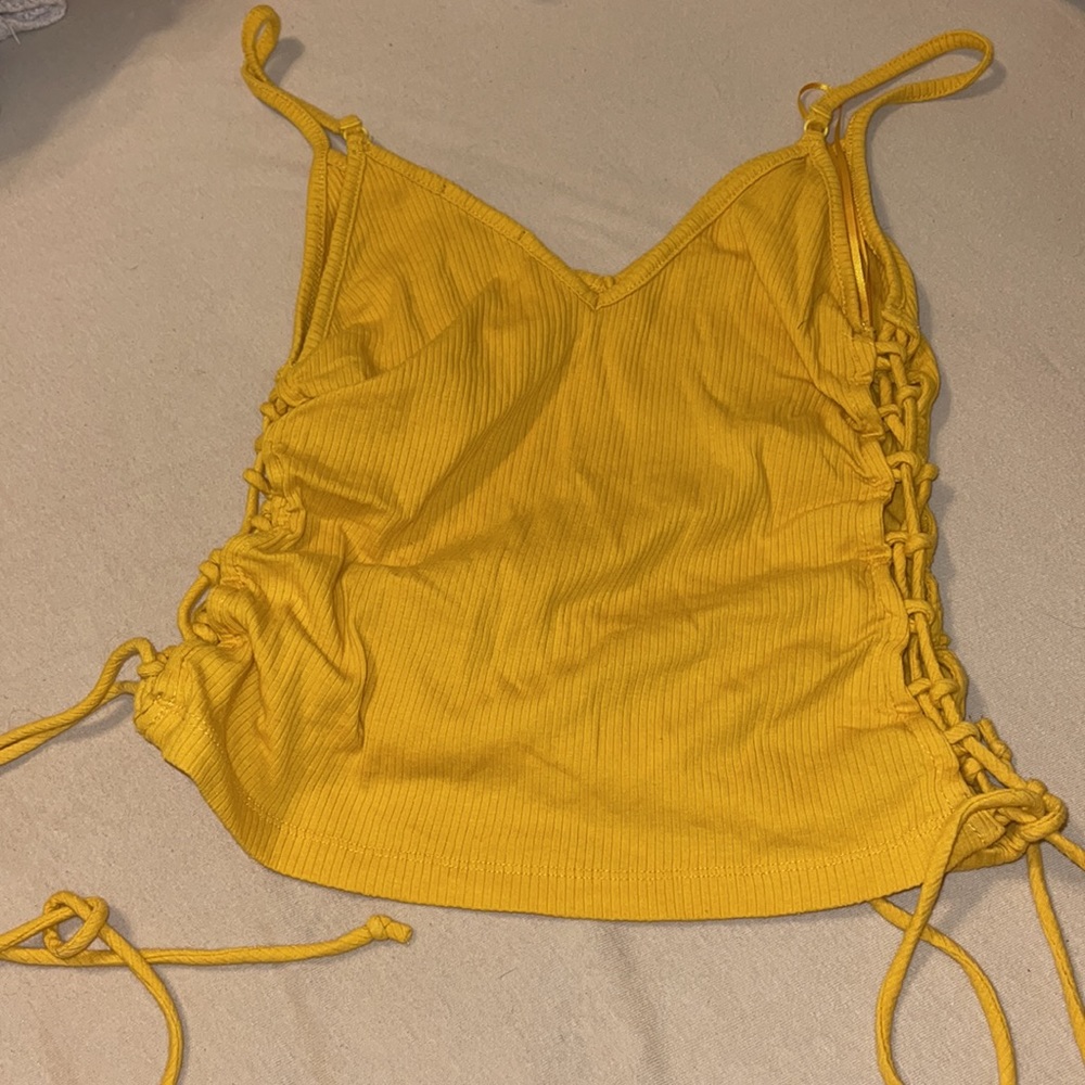 Yellow Spaghetti Strap Top With Adjustable Cut Outs on Side